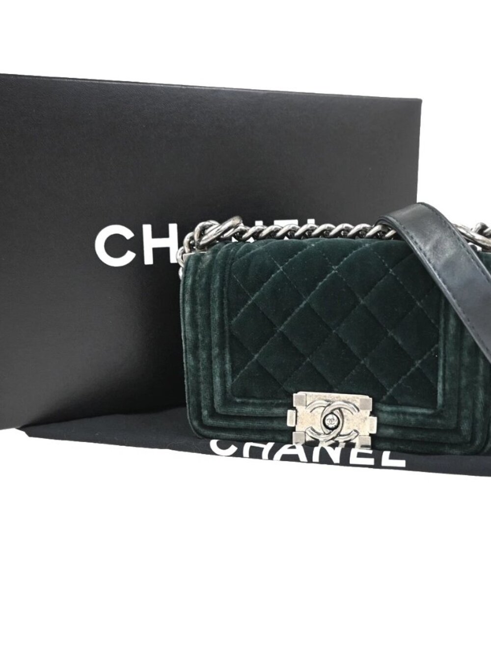 CHANEL Boy CC Chain Mini Shoulder Bag Velvet Leather Green SHW Italy